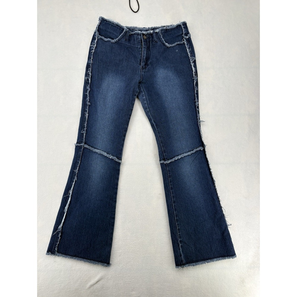 Lazer Jeans Y2K Low Rise Distressed Flare Jeans Blue Frayed Seam Size 11
